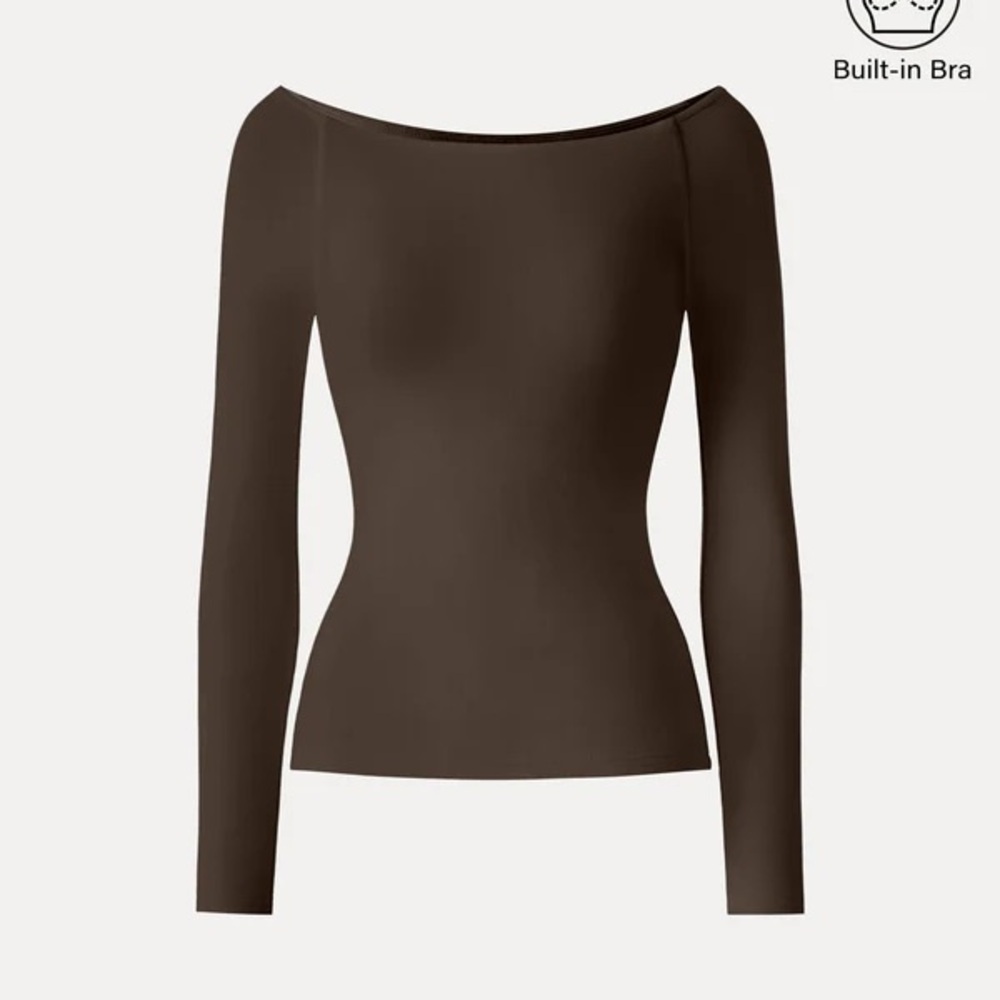 OGL ProWarm Boatneck Long Sleeve Brami Top, built-in bra, dark brown
